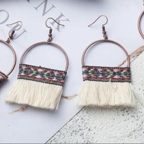 Boho Tribal Woven Yarn Tassel Drop Earrings - Picture 3 of 3
